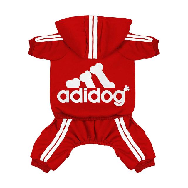 Red dog outfit with Adidog logo on a white background