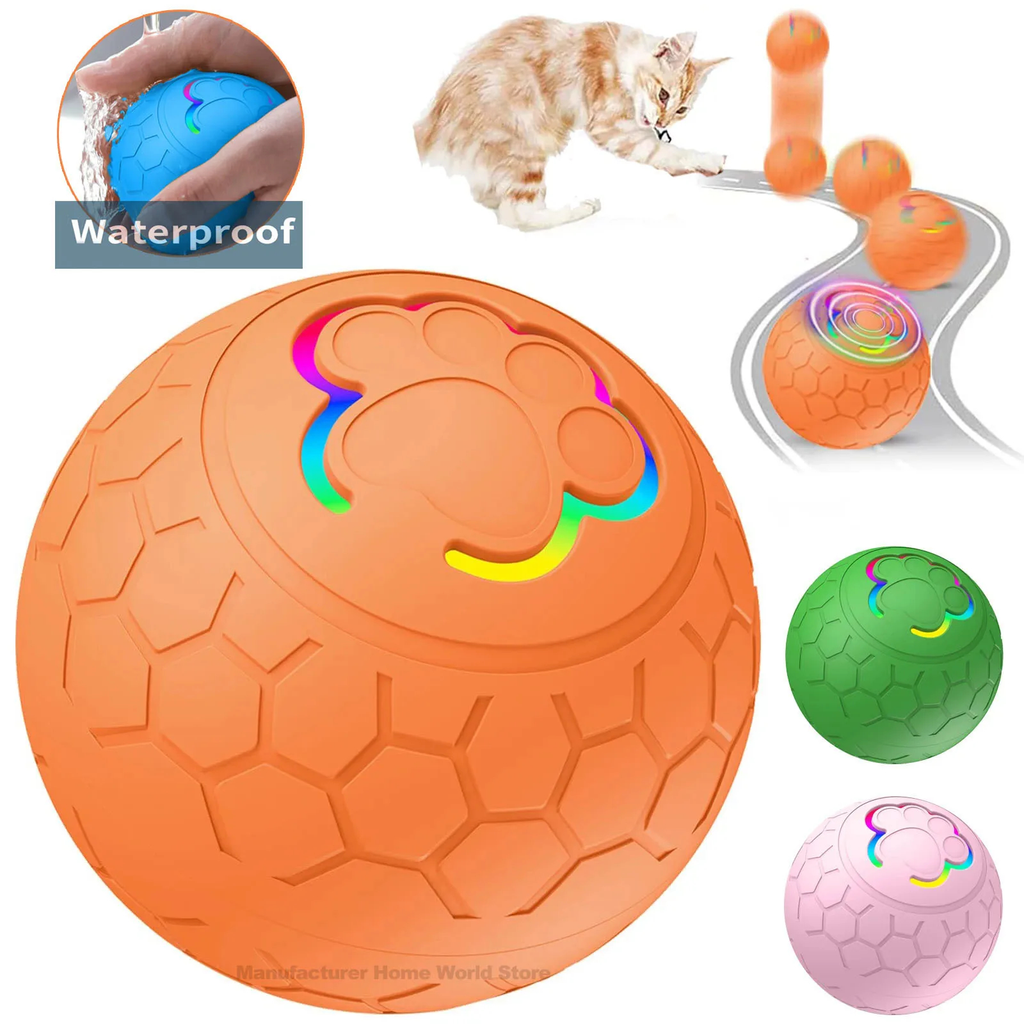 Orange ball with colorful patterns, cat playing with a toy, and text indicating waterproof feature.
