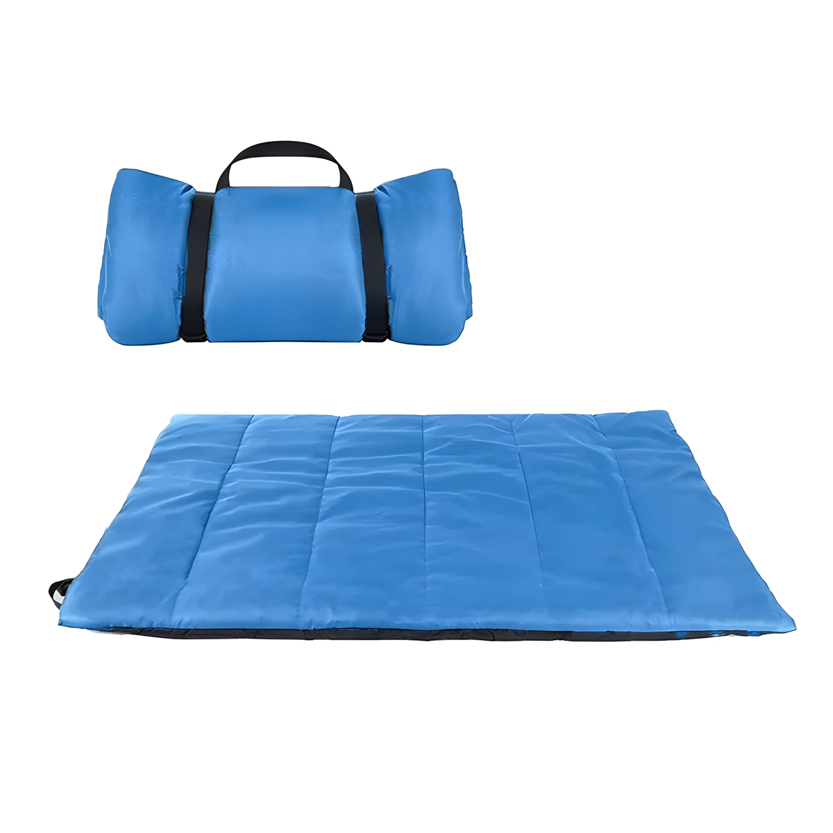 A blue camping sleeping pad shown flat on a white background, with its matching rolled carrying bag above it. The bag is blue with black handles and straps.