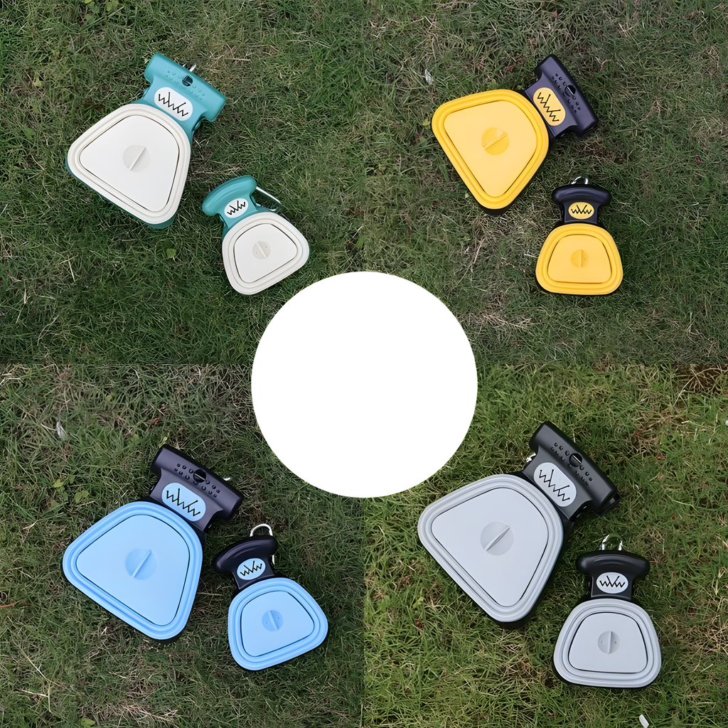 Four dog poop bags and their lids are arranged on a grassy lawn in a circle around a white circular cutout. The bags come in teal, yellow, blue, and gray color options, each with a black top tab labeled 'WHA'.