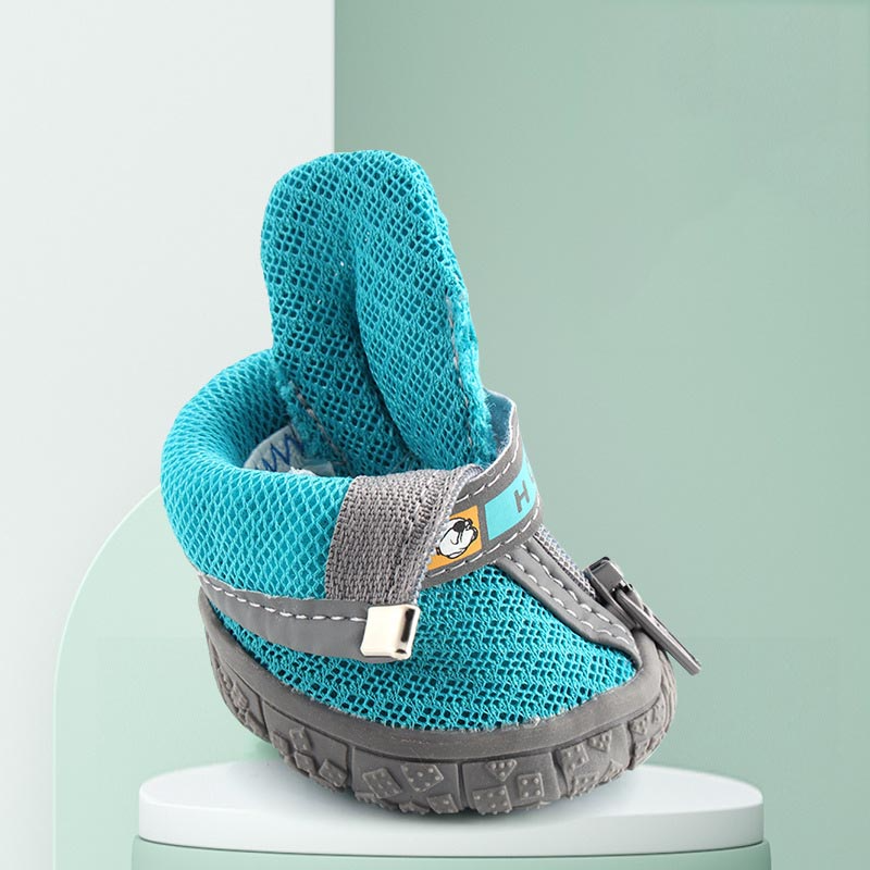 Blue and gray pet sandal on a light green background