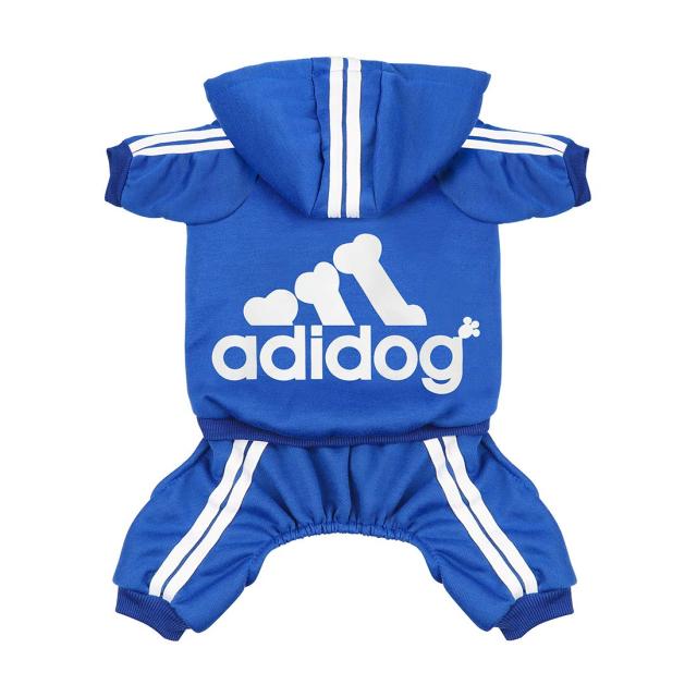 Blue dog outfit with 'adidog' logo on a white background