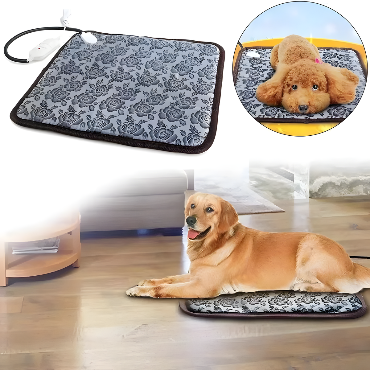 A pet heating pad with a gray and black floral pattern is shown both flat on a white background and being used by a golden retriever dog on a wooden floor. An inset circle at the top right shows the dog lying on the heating pad.