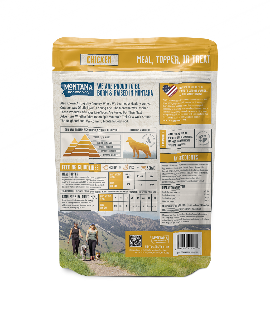 Dog food package with Montana Fresh Meats branding on a white background