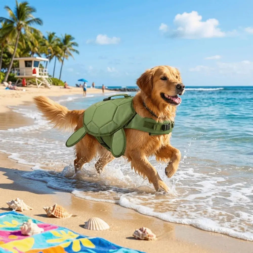 A golden retriever running on a sandy beach in shallow ocean water, wearing an olive green turtle-shaped dog life jacket. The background features a tropical beach scene with palm trees, a lifeguard tower, blue sky, and seashells on the sand.