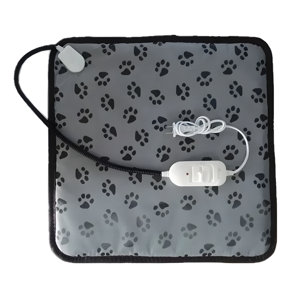 Heating pad with paw pattern and USB cable on a white background