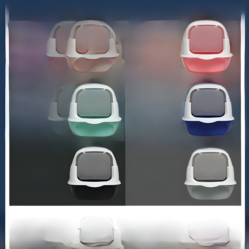 Six litter boxes shown in different color options, arranged in two columns and three rows on a dark background. The litter boxes have white plastic outer shells and translucent lids in pink, mint green, dark gray, blue, black, and white.
