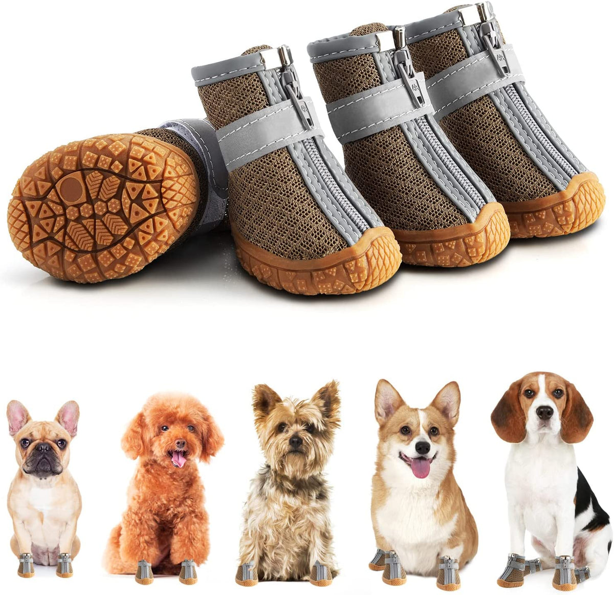 Dog boots with brown soles and gray straps, shown with various dog breeds wearing them.