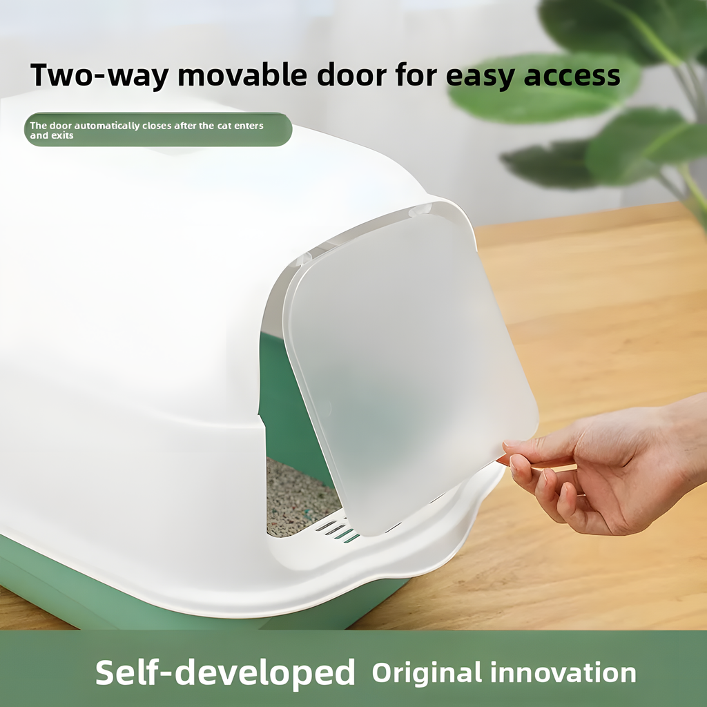 A white and mint green cat litter box shown on a wooden table, with a human hand opening the translucent front door. Text overlays describe the movable door and self-developed innovation.