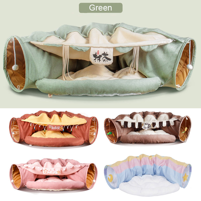 Collapsible pet play tunnel in various colors on a light green background