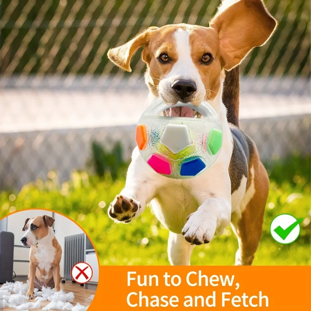 A beagle running outdoors while chewing a colorful translucent ball toy, with grass, a fence, and promotional text in the lower part of the image. A small inset shows a dog sitting on a mat with shredded filler, and a green check mark appears on the right.