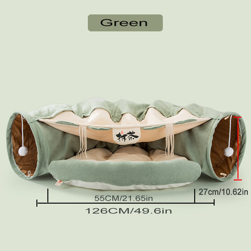 Green pet play tunnel with dimensions on a light green background