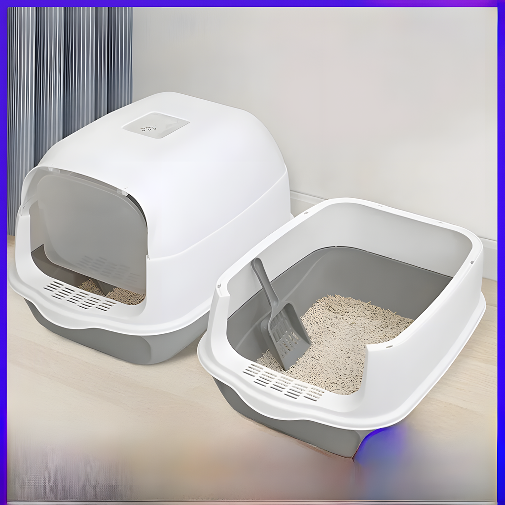 Two white and gray cat litter boxes shown on a light floor against a plain wall, with one closed and one open containing litter and a gray scoop.