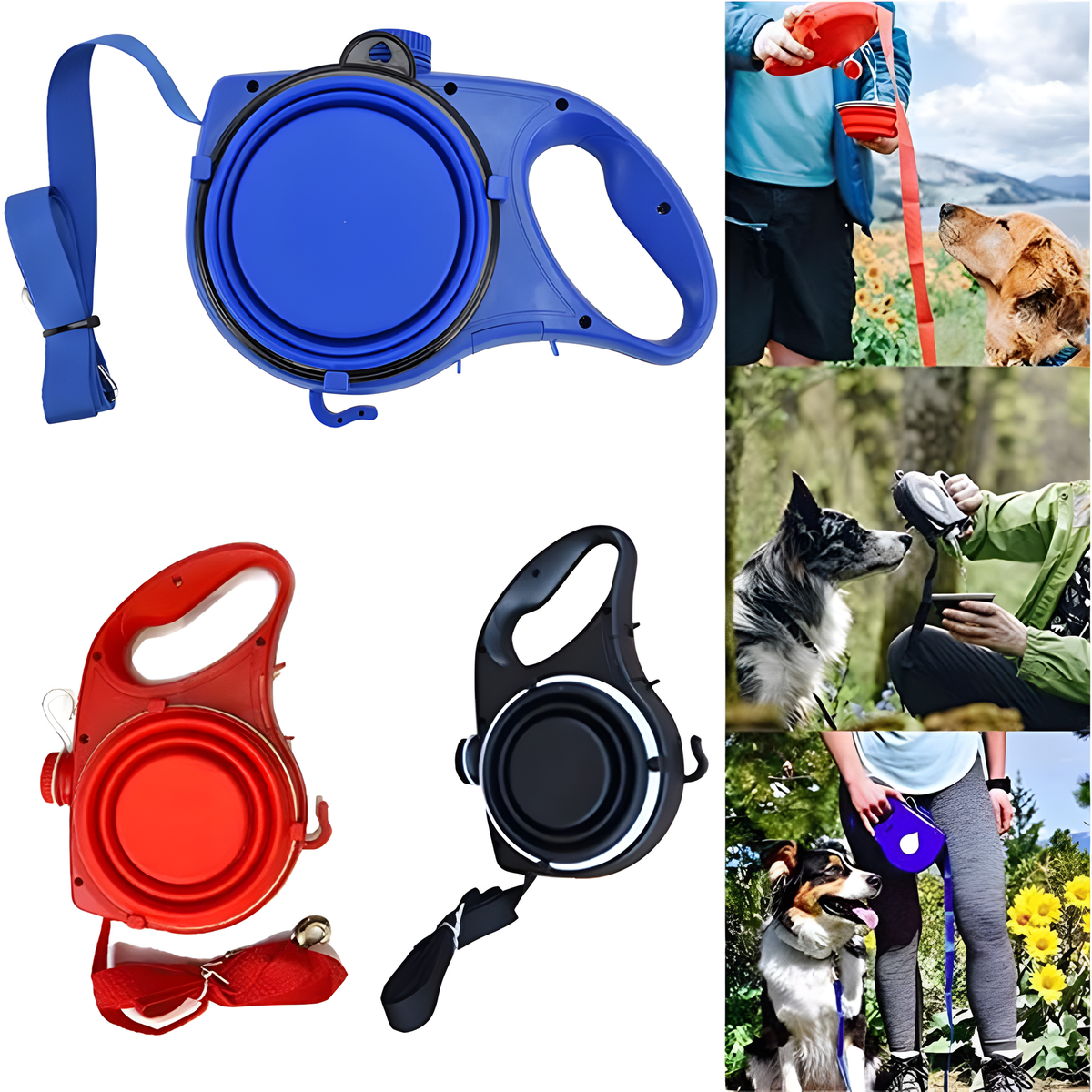 Collage of retractable dog leashes in blue, red, and black with outdoor scenes featuring dogs.