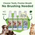 Dog and cat with oral care products and text 'Cleaner Teeth, Fresher Breath No Brushing Needed'.