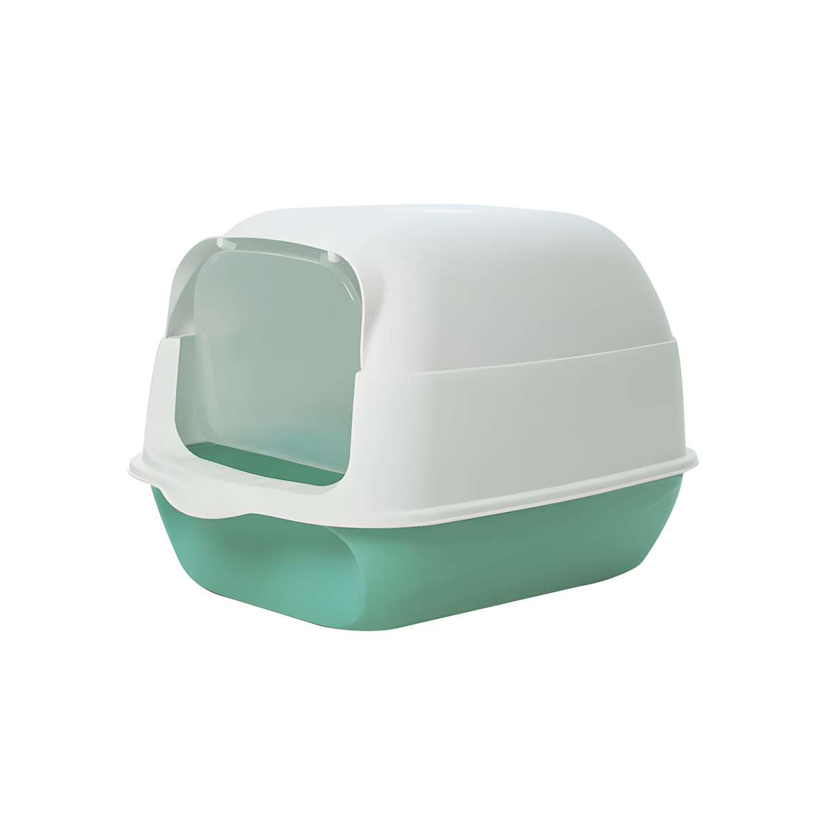 A plastic litter box with a white domed lid and a mint green base, shown on a plain white background.