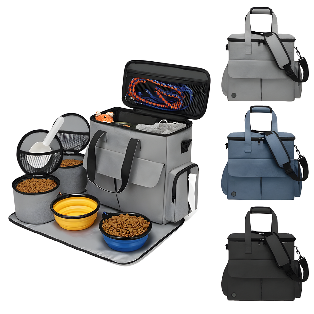 A pet travel bag shown open with its contents arranged inside and beside it, including bowls, a scoop, leash, and bedding. Three smaller views on the right show the bag closed in gray, blue, and black color variants.