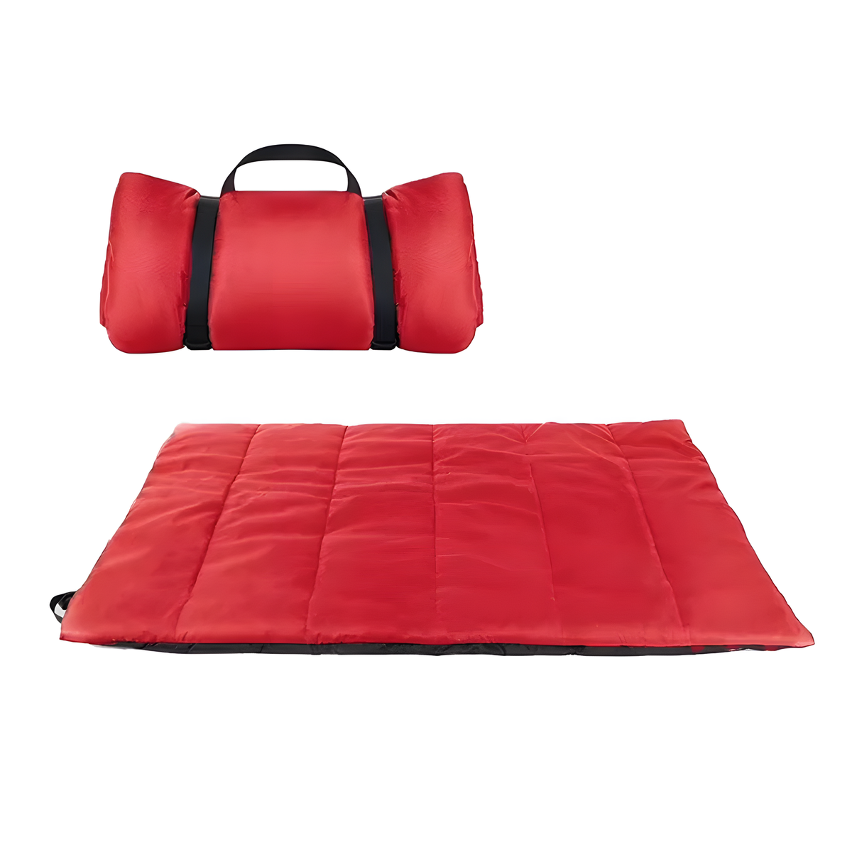 Red quilted blanket with black trim and handle on a white background