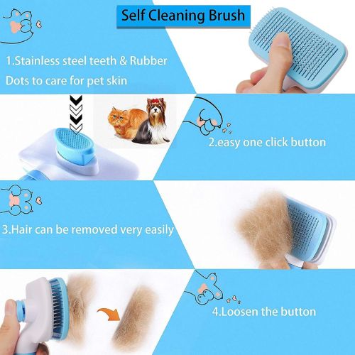 Self cleaning brush with features highlighted on a blue background