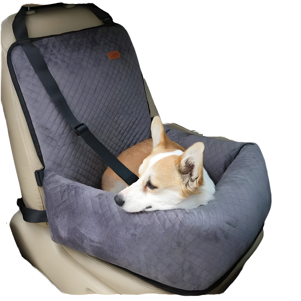 A dog car seat cover in dark gray quilted fabric with a built-in pet seat and harness strap, shown fitted over a beige car seat with a sleeping corgi dog inside.