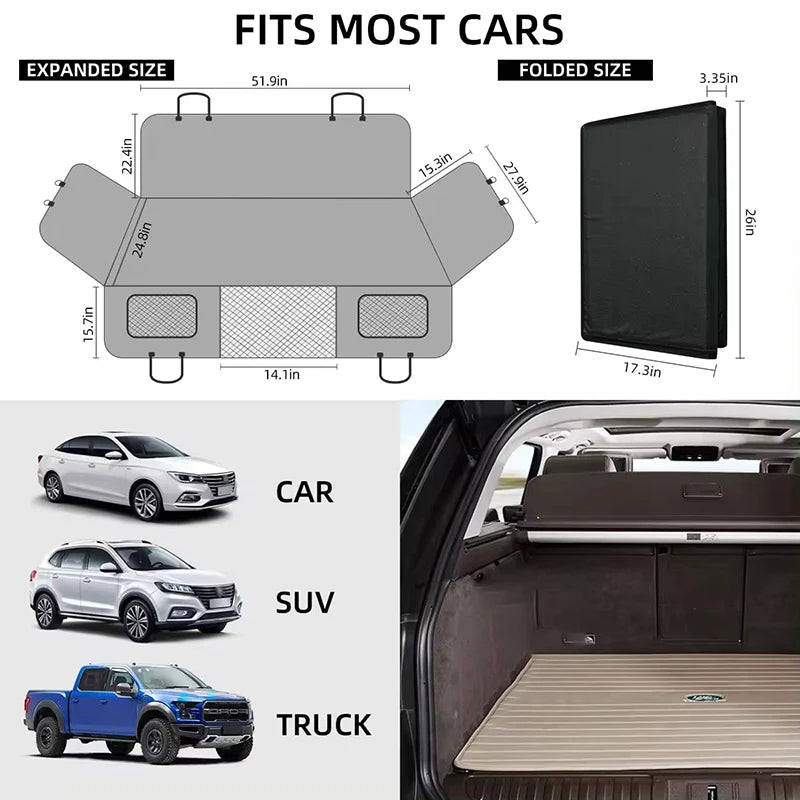 Car mat with dimensions and compatibility with cars, SUVs, and trucks.
