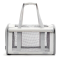 A light gray pet carrier bag with mesh windows and dual top handles, shown on a plain white background.