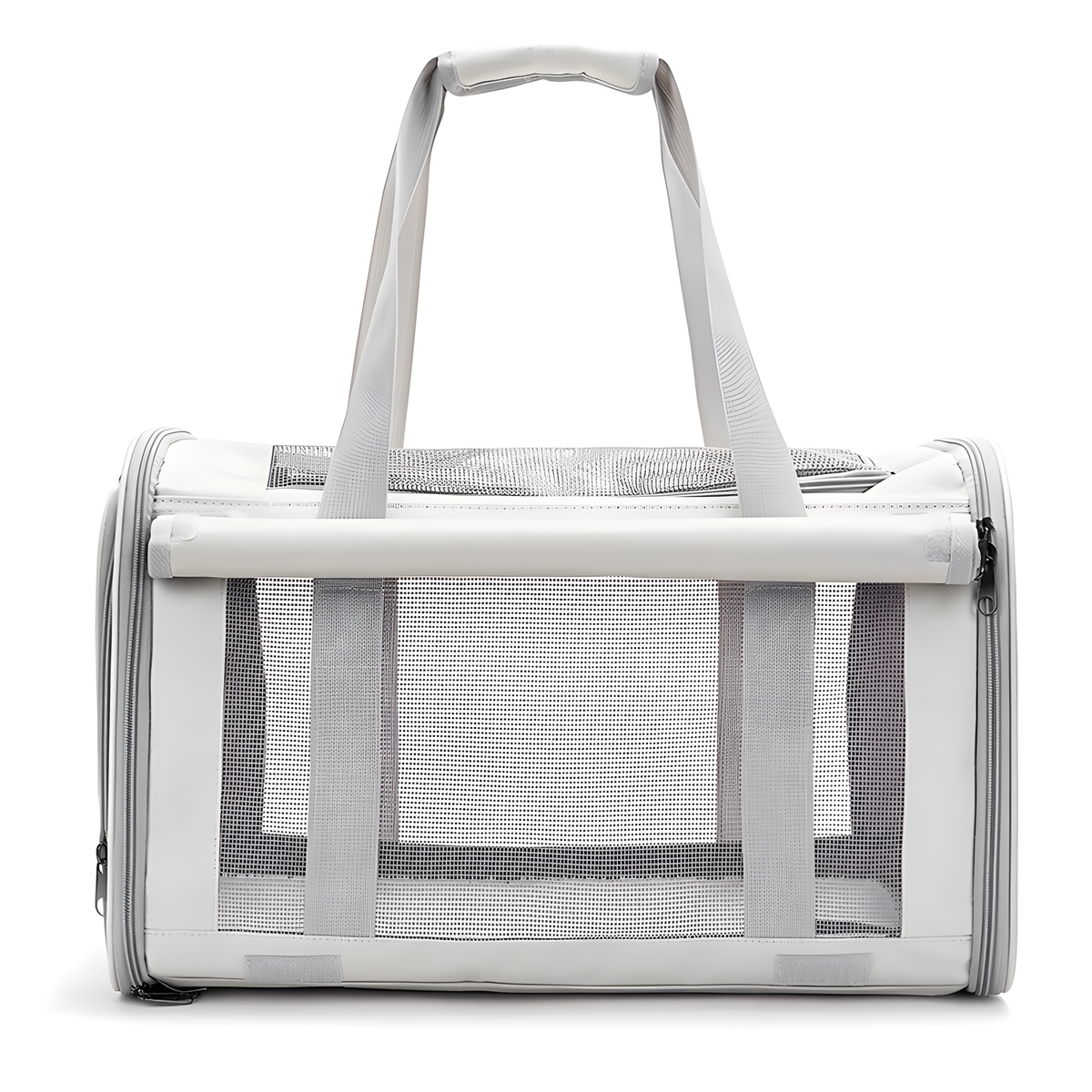 A light gray pet carrier bag with mesh windows and dual top handles, shown on a plain white background.