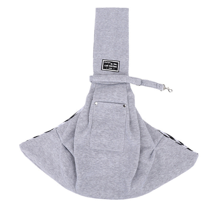 Gray pet sling with a brand label on a white background