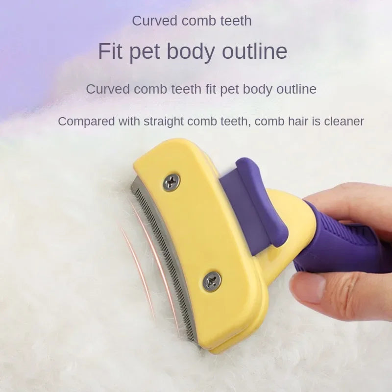 Pet grooming brush with curved comb teeth being used on a pet, against a light background.