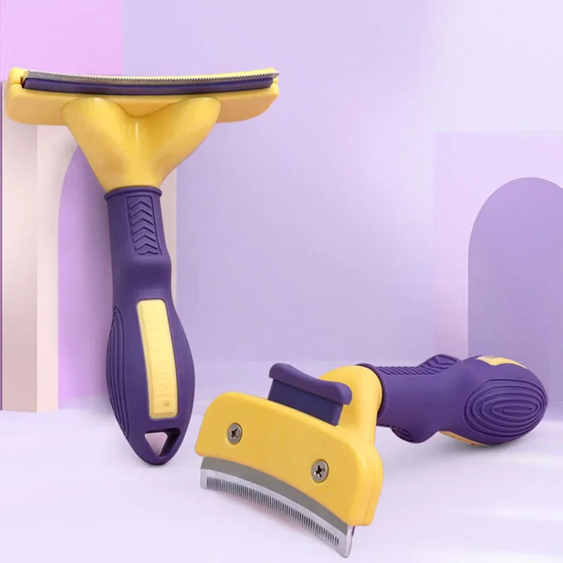 Two yellow and purple pet grooming tools on a light purple background