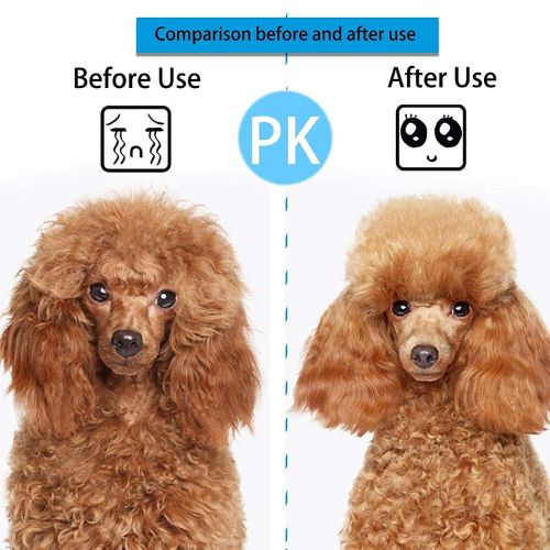 Before and after comparison of a dog's fur with icons and text on a white background