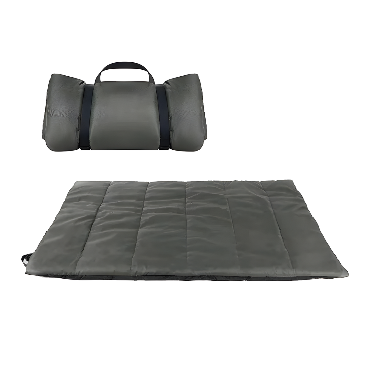 Gray quilted mat with carrying handle on a white background