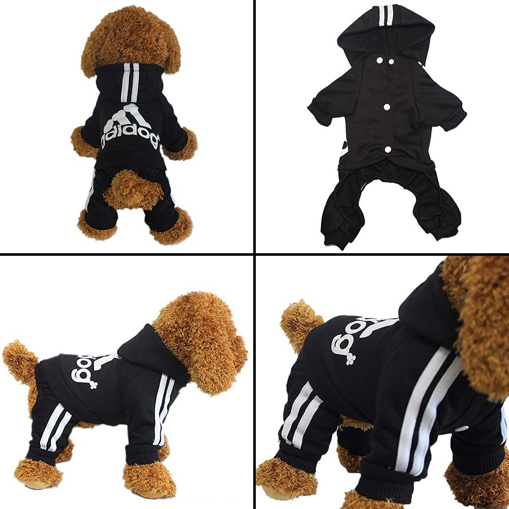Black pet hoodie with white stripes and brand logo on a white background