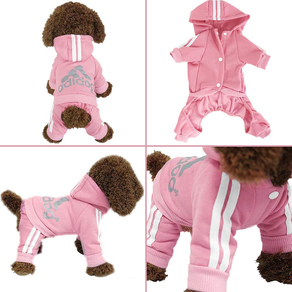 Pink dog hoodie with Adidas logo and stripes on a white background
