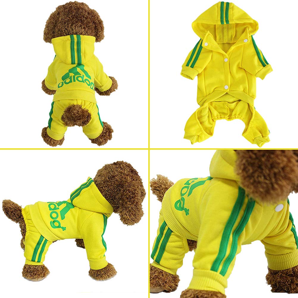 Yellow dog hoodie with green stripes and 'pooch' branding on a white background