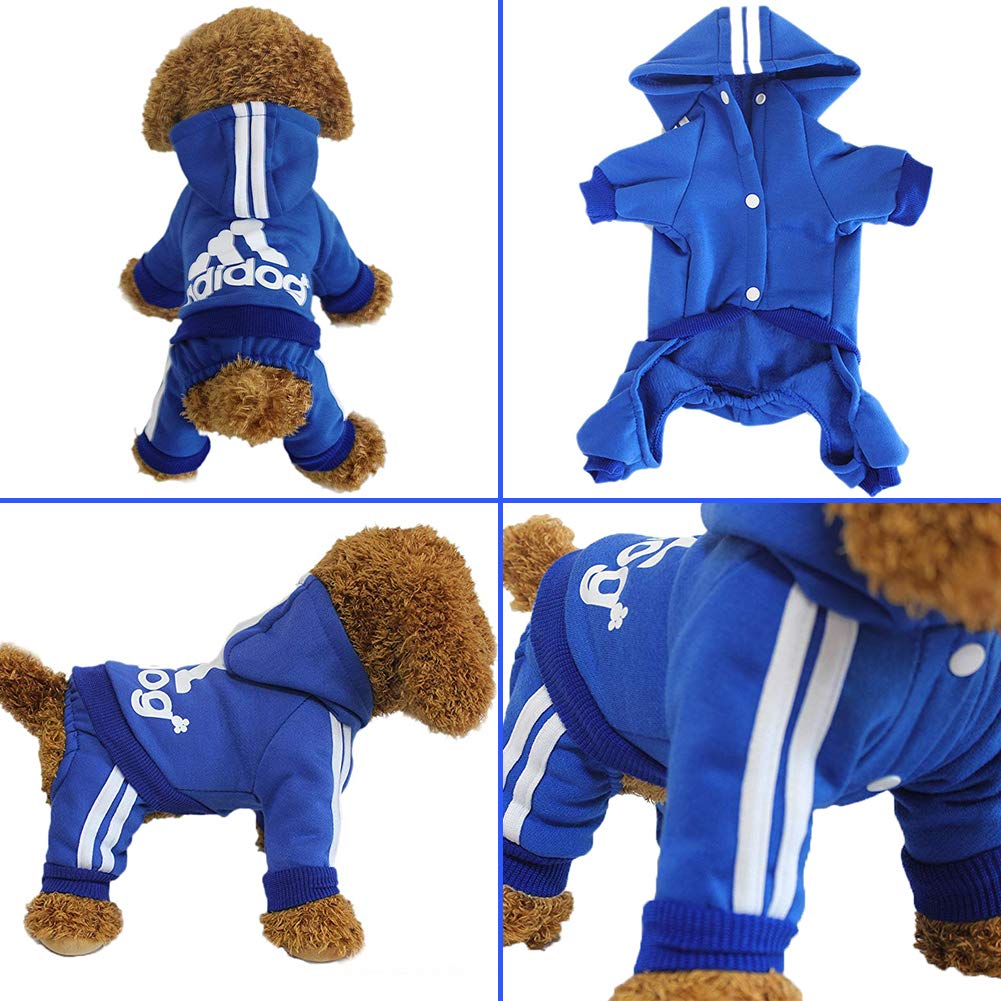 Blue pet hoodie with white stripes and Adidas logo on a white background