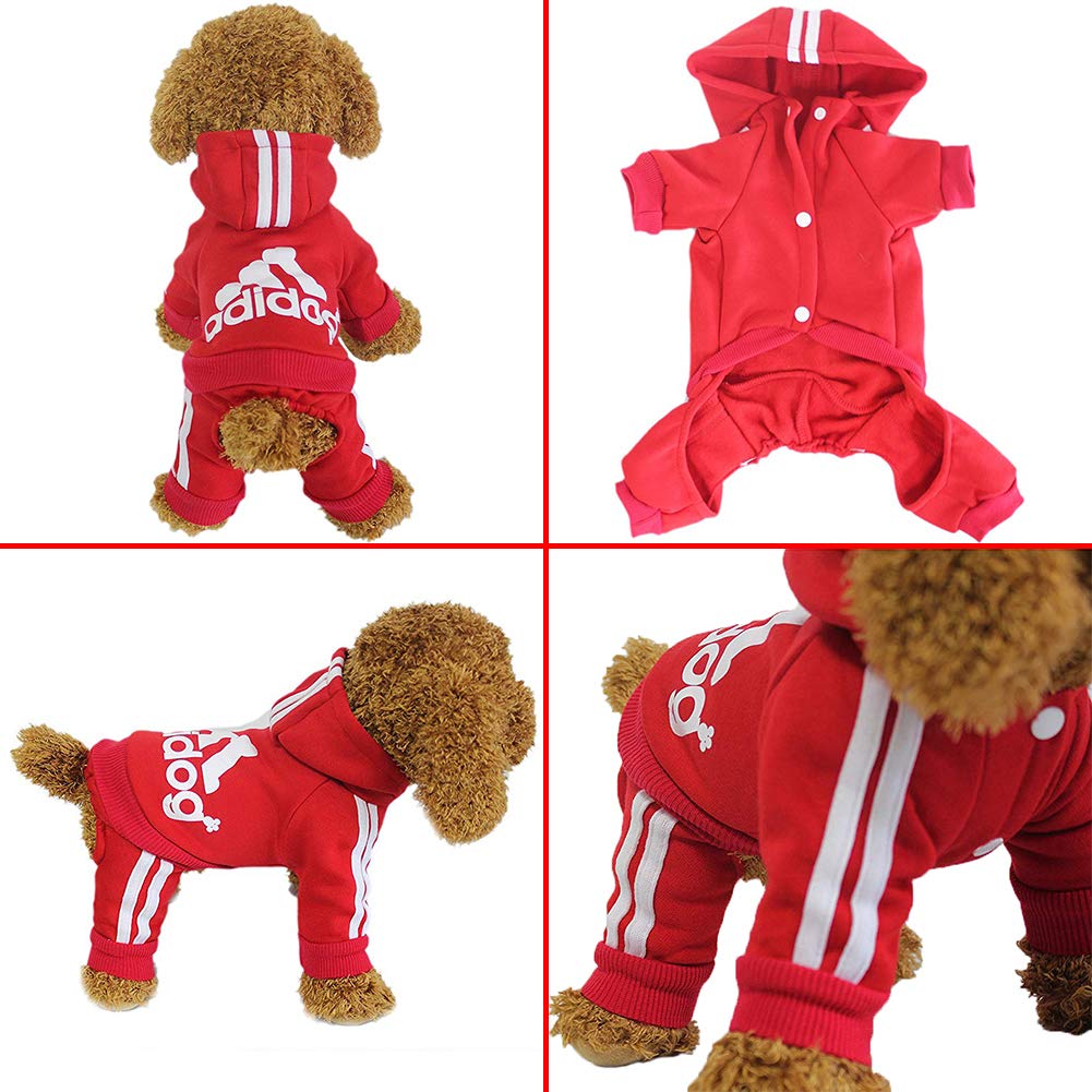 Red pet outfit with white stripes and Adidas logo on a white background