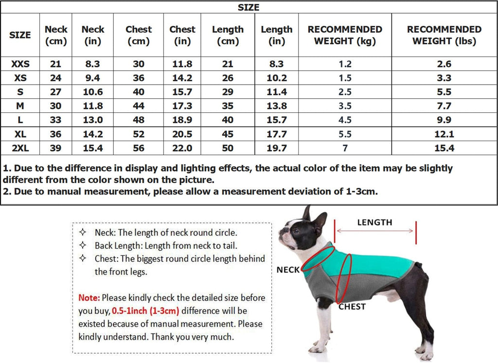 Dog coat size chart with measurements and a dog wearing a coat for reference