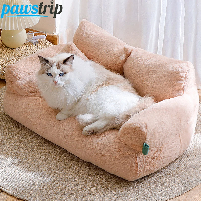 Cat lying on a plush pink pet bed with 'pawstrip' branding.