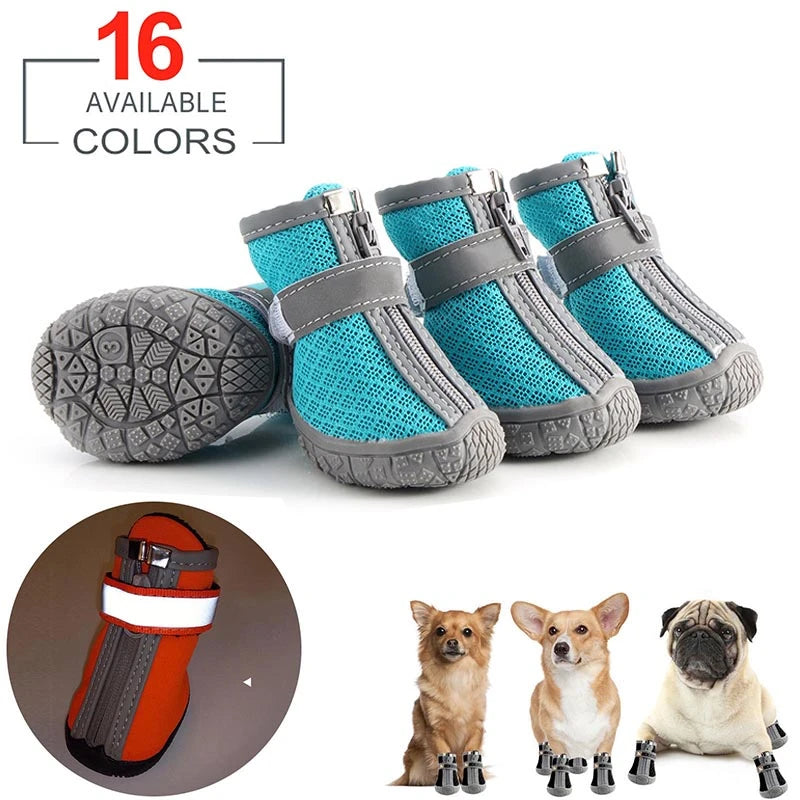 Blue pet boots with gray soles on a white background, showing 16 available colors.