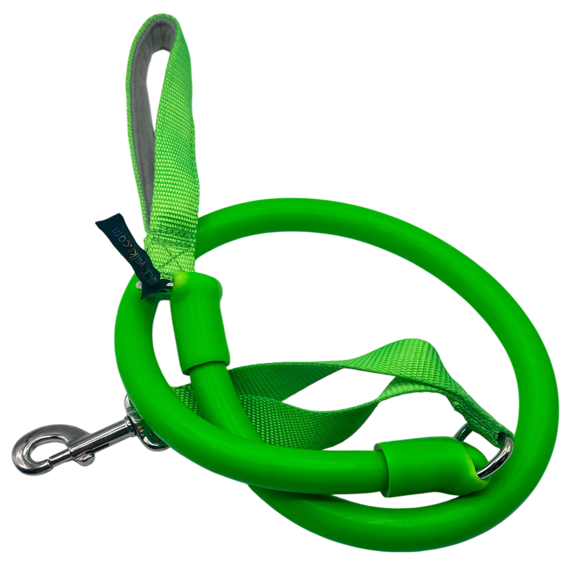 Green dog leash with metal clip on a white background