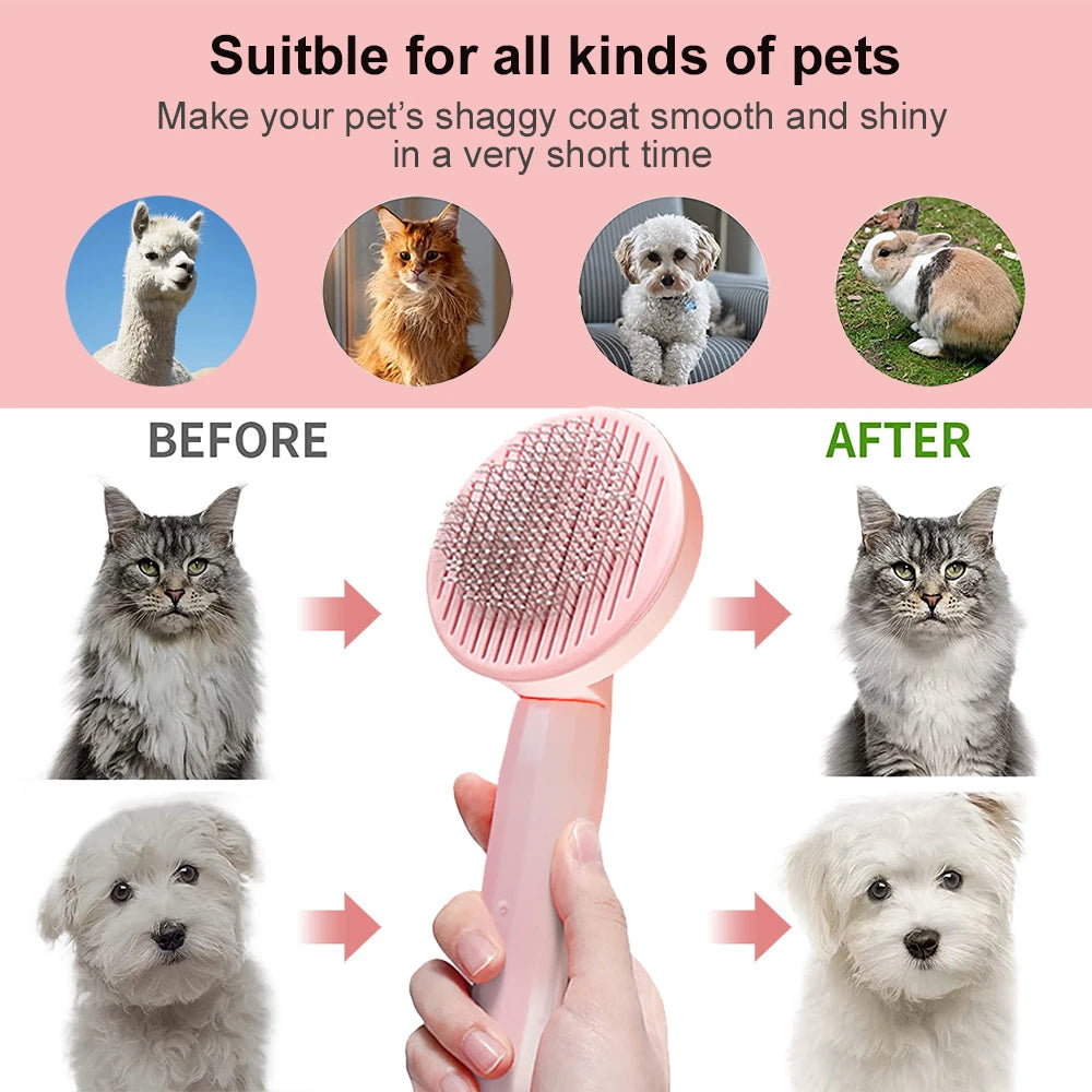Pet grooming brush with before and after effects on pets' coats, against a pink background.