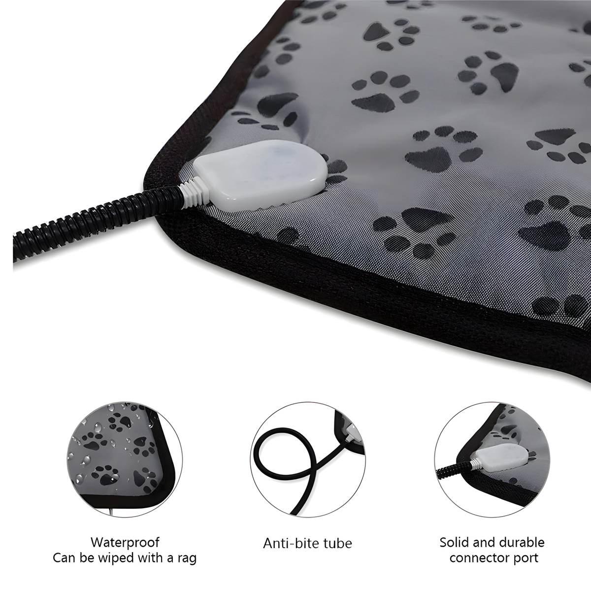 Heating pad with paw pattern and connectors, featuring waterproof, anti-bite tube, and solid connector port icons.