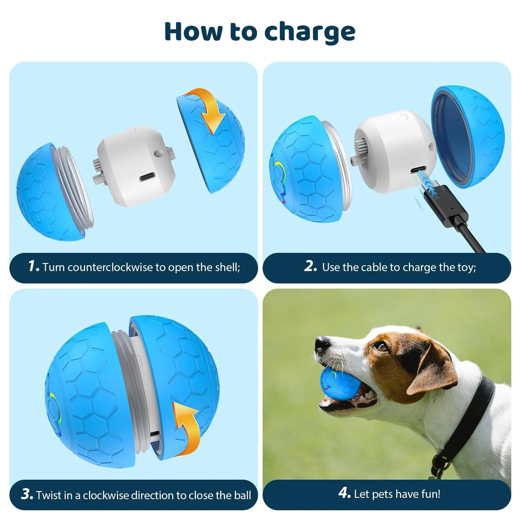 Instructions on how to charge a dog toy with a visual of a dog playing with it.