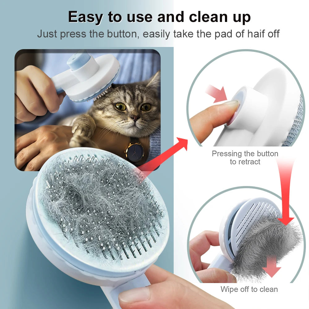 Pet grooming tool with instructions on how to use and clean it, featuring a cat being groomed.