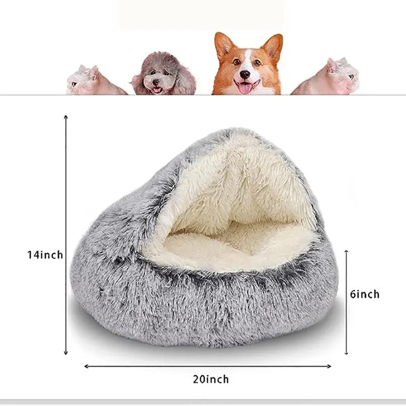 Fluffy pet bed with dimensions and images of dogs around it