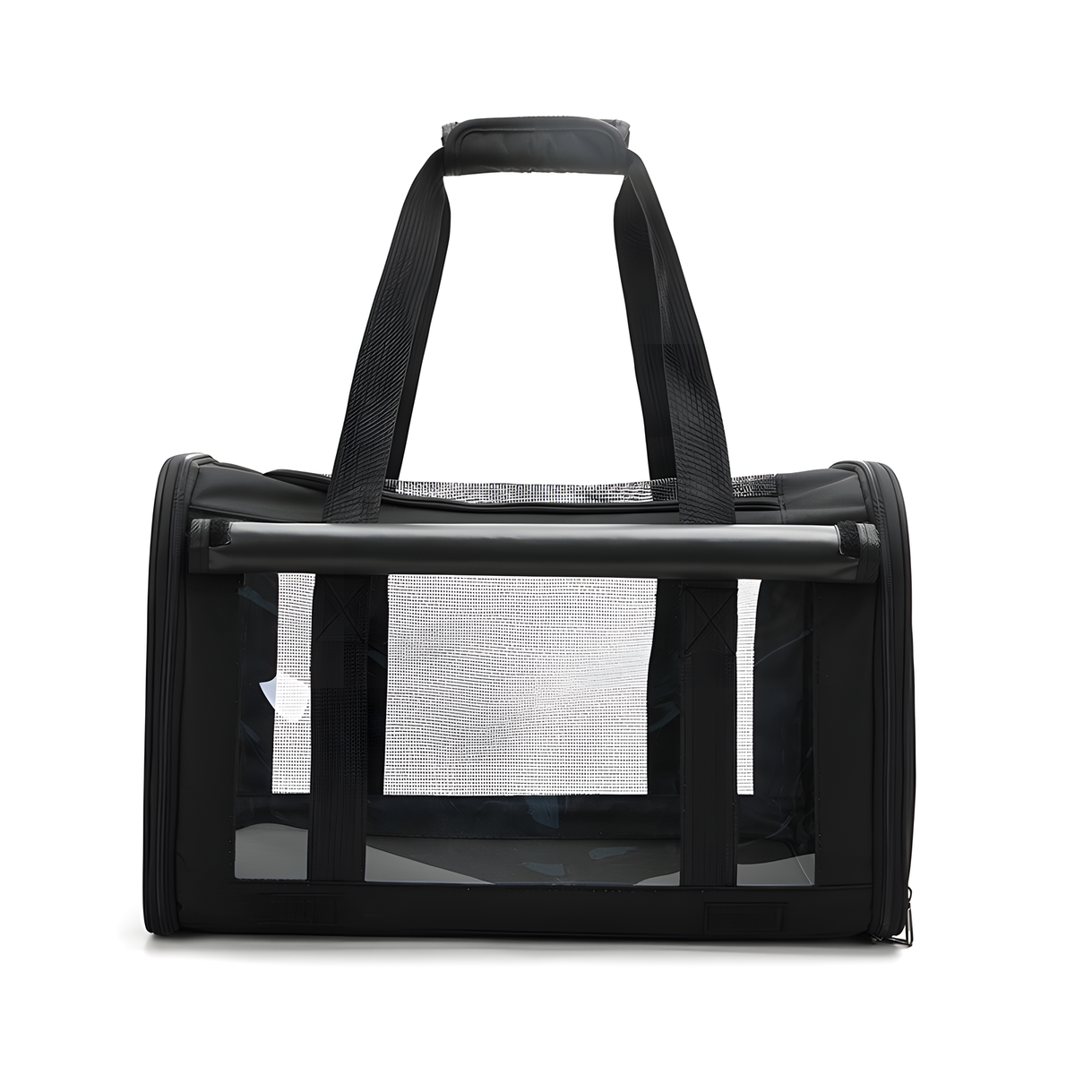 A black pet carrier bag with clear mesh windows and two black shoulder straps, shown against a plain white background.