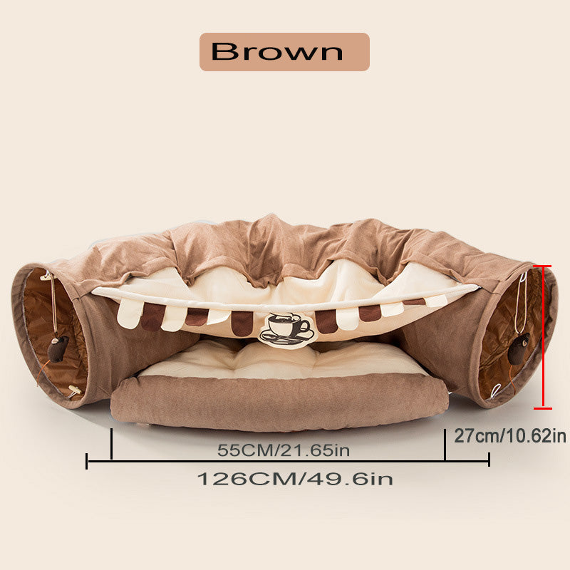 Brown pet play tunnel with dimensions on a beige background