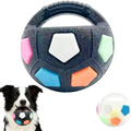 A black textured dog tug toy ball with colorful pentagonal panels in pink, white, blue, orange, and mint green, shown on a white background with a black-and-white dog holding one ball in its mouth and a small inset of a white version of the toy.