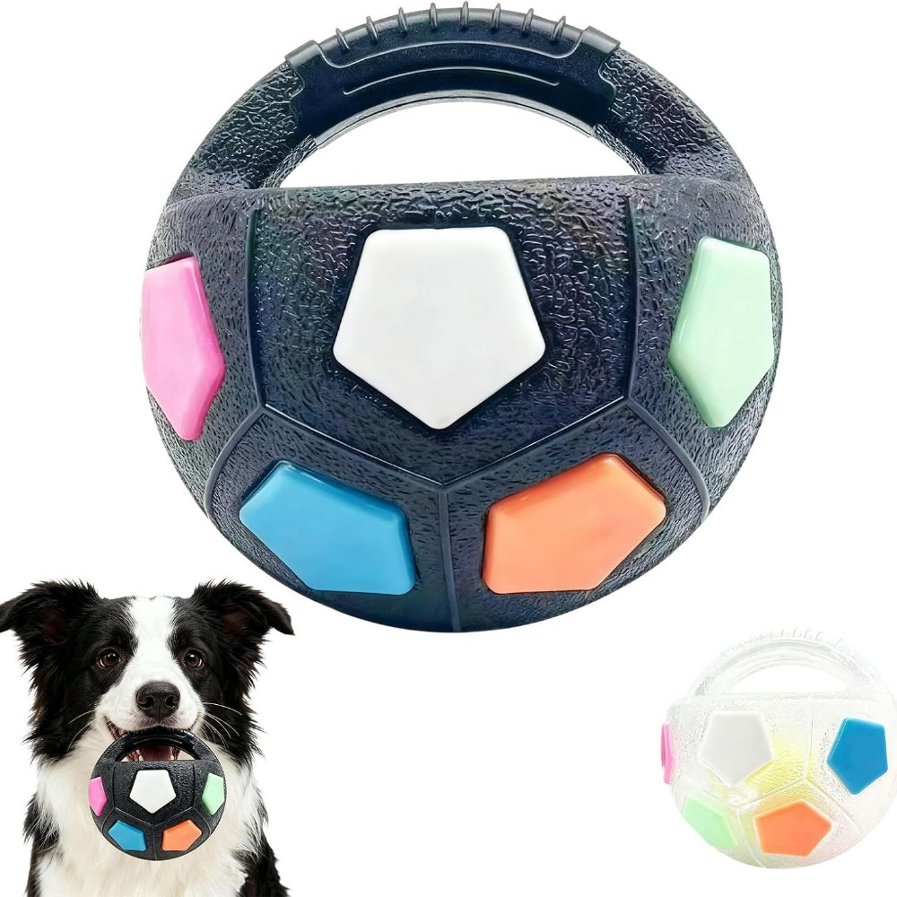 A black textured dog tug toy ball with colorful pentagonal panels in pink, white, blue, orange, and mint green, shown on a white background with a black-and-white dog holding one ball in its mouth and a small inset of a white version of the toy.